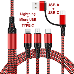 PChome精選手機線材優惠-Golf雙USB3ALightning/Type-C/Micro快速充電線1.2m(紅)