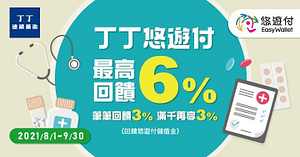 於全台丁丁藥妝使用悠遊付 最高享6%回饋