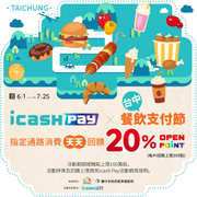 於台中市指定通路使用icash Pay消費 享20% 回饋