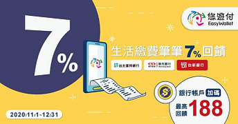 悠遊付綁定指定銀行帳戶扣款滿300元，最高回饋188元