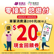 悠遊卡 x 美廉社單筆消費滿200送20現金回饋券