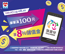 持悠遊付單筆消費滿100元，享8%悠遊付儲值金