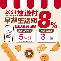 早餐生活節指定店家使用悠遊付結帳 筆筆享5%回饋