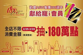 不限金額消費抽180萬點