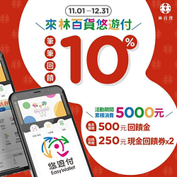 用悠遊付 於林百貨消費筆筆享10%回饋