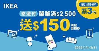 悠遊付消費單筆滿2500送150現金回饋券