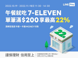 LINE Pay綁定指定卡 單筆滿200元，享最高22%回饋