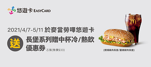 嗶悠遊卡送長堡贈中杯冷/熱飲優惠券