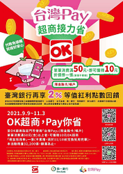 於OK超商使用台灣Pay支付消費滿50元 即贈10元抵用券1張