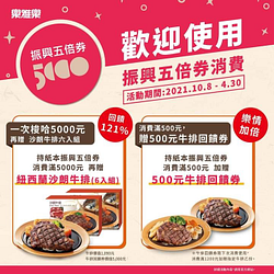 5倍券專屬優惠 消費滿500元送500元牛排回饋券