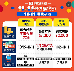 蝦皮購物11張全站0元免運券人人都有