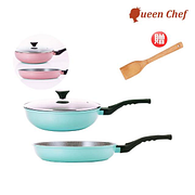 【Queen Chef】韓國礦岩鈦合金鑄造不沾雙鍋 30CM 3件組(炒鍋+平底鍋+蓋)