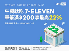 LINE Pay綁定指定卡 單筆滿200元，享最高22%回饋