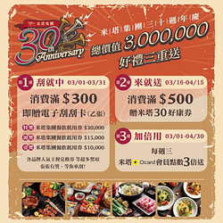 米塔義式廚房 單筆消費滿300元，即可獲得1張「電子刮刮卡」