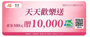 指定微風廣場用全盈+PAY付款有機會獲得限量10000全家Fa點