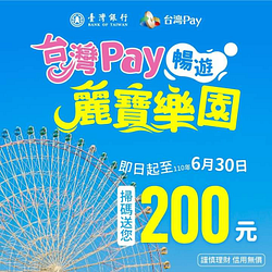 暢遊麗寶樂園之指定櫃位，使用台灣Pay每筆回饋10%