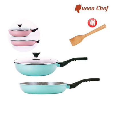 【Queen Chef】韓國礦岩鈦合金鑄造不沾雙鍋 30CM 3件組(炒鍋+平底鍋+蓋)