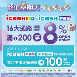 每週日 持icash2.0至指定通路消費滿額享 8% 回饋