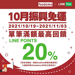 訂foodomo外送，單筆消費滿250元最高享20%回饋