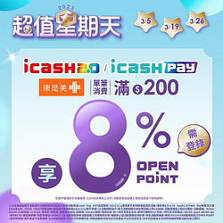 iCash 三月份超值星期天消費滿200元即享8% 回饋
