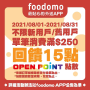 單筆消費滿250元，回饋OPEN POINT 15點