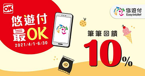 於OK超商使用悠遊付每筆皆享10%悠遊付儲值金回饋！