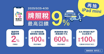 悠遊付繳稅最高回饋9% 早鳥加碼送100元再抽iPad mini